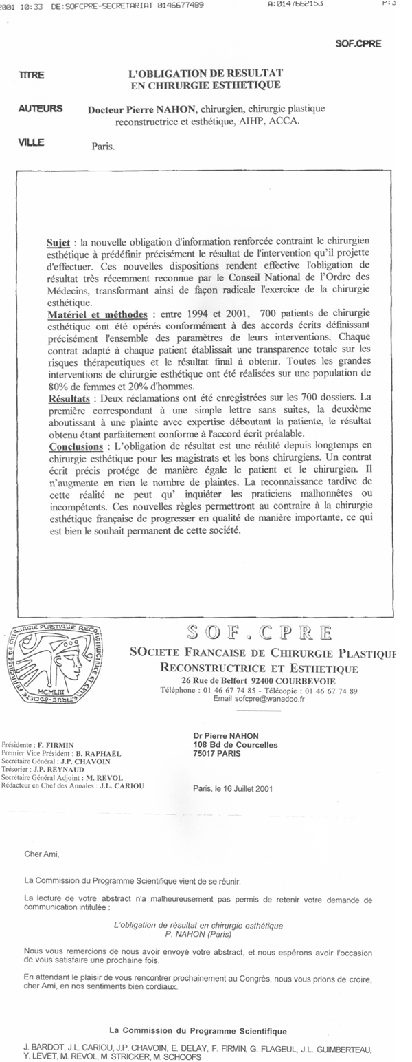 La société française de chirurgie plastique refuse une communication sur l'obligation de résultat en chirurgie esthétique 