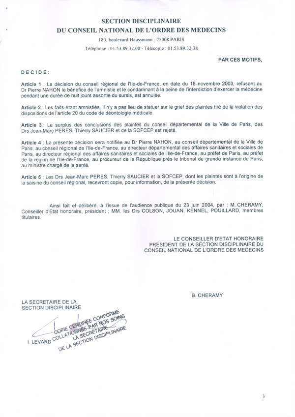 décision rendu par le conseil national de l'ordre des médecins 