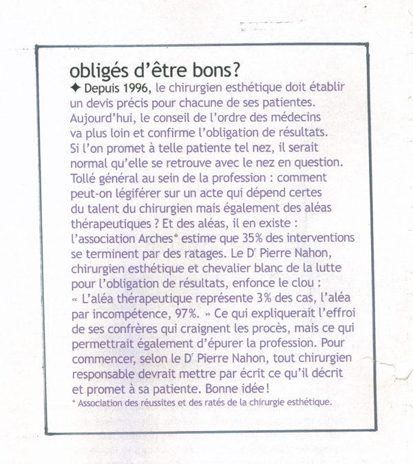 l'obligation de résultat en chirurgie esthétique dans la presse 