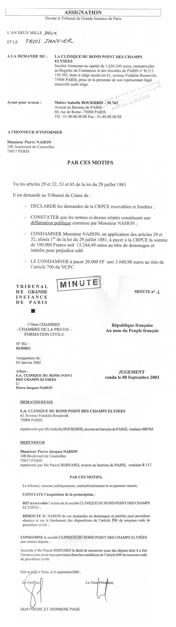 procédure de la clinique du rond point des champs elysées contre le Dr Pierre Nahon 