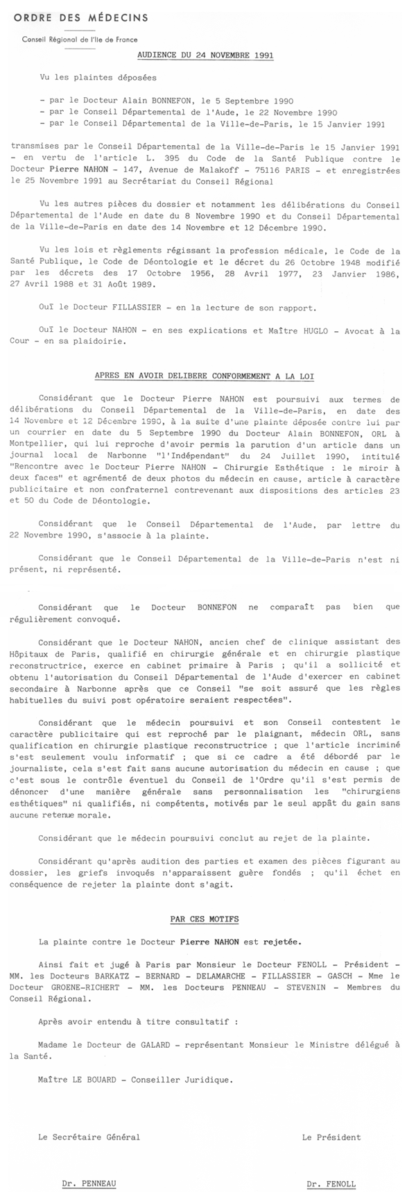 jugement rendu pour une plainte contre Pierre Nahon